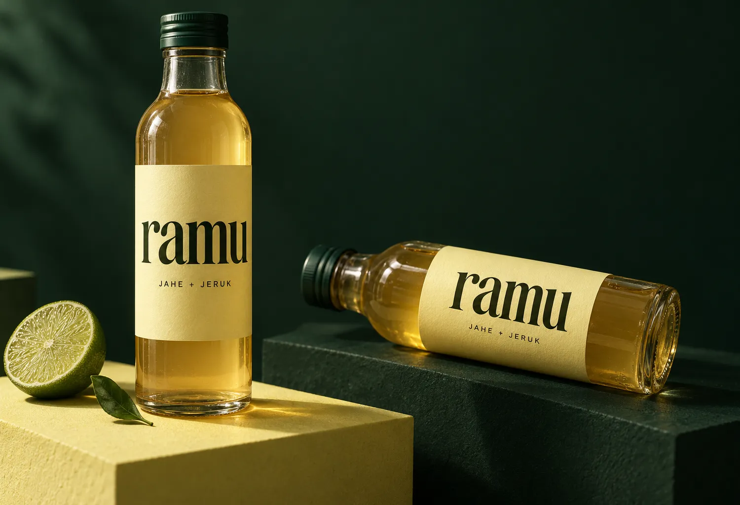 Aplikasi identitas Ramu pada label dan kemasan botol, studi konsep