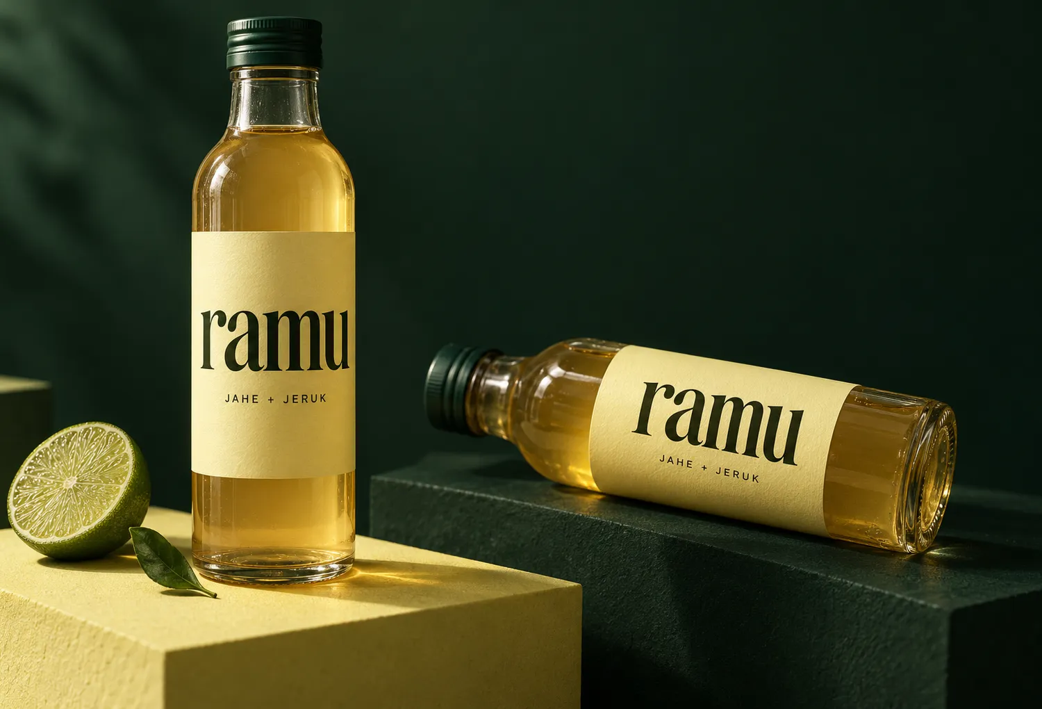 Desain label minuman botani rekaan Ramu, varian jahe dan jeruk